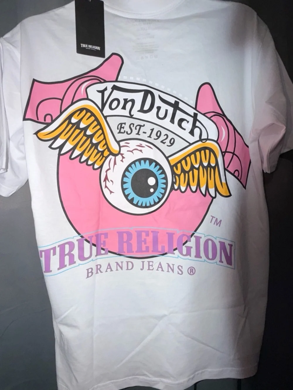 3pk!True Religion Black Tee with Yellow Logo and Orange Fruit Graphic
